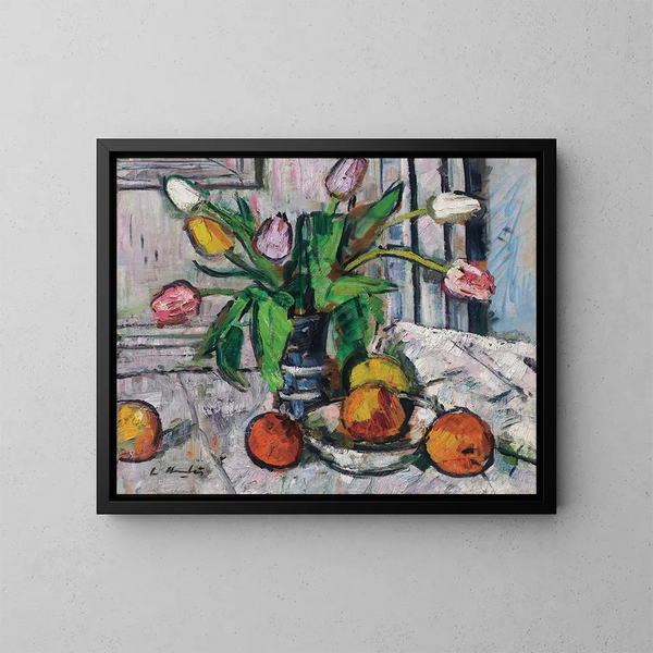 Tulipanes en un jarrón azul - George Leslie Hunter — cuadro enmarcado en la pared
