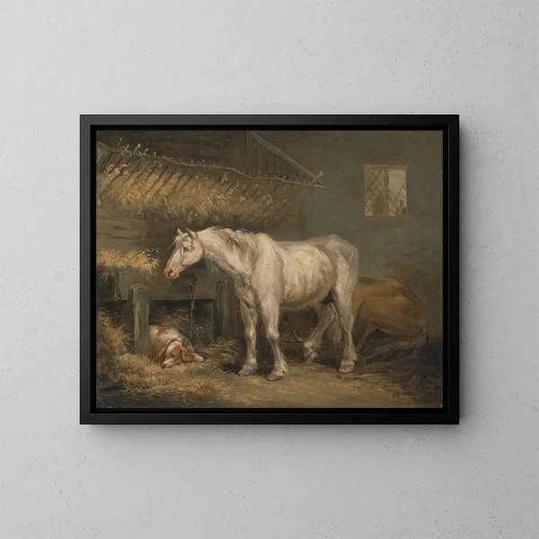 de caballos viejos con un perro en un establo - George Morland — cuadro enmarcado en la pared