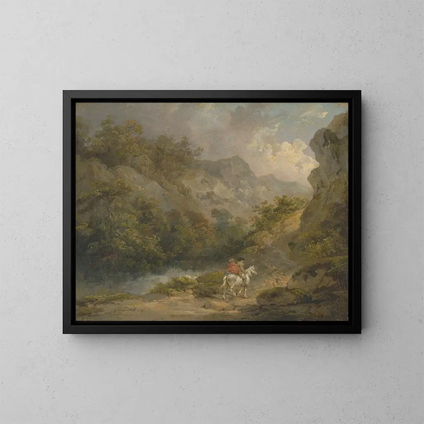 Paisaje rocoso con dos hombres en un caballo - George Morland — cuadro enmarcado en la pared