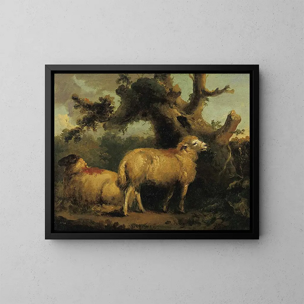 Dos ovejas en un paisaje - George Morland — cuadro enmarcado en la pared