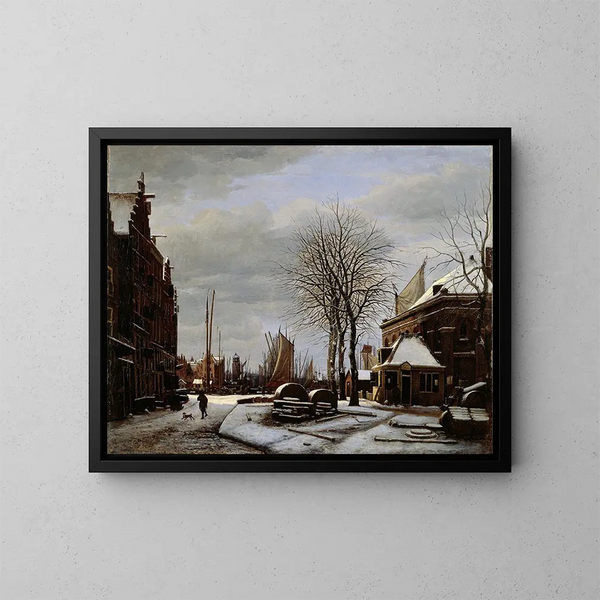 the Market of the mills in Amsterdam with the Het Zeerecht building in winter - George Pieter Westenberg — framed artwork on a wall