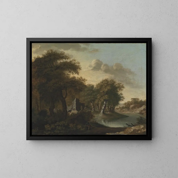 Una vista cerca de Arundel, Sussex, con ruinas junto al agua - George Smith — cuadro enmarcado en la pared