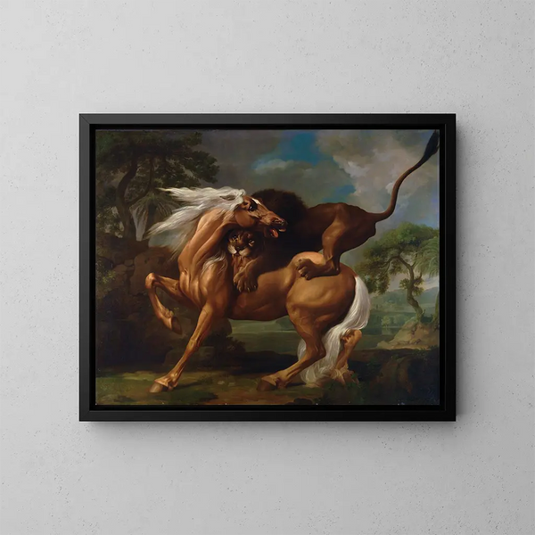 Un león atacando a un caballo - George Stubbs — cuadro enmarcado en la pared