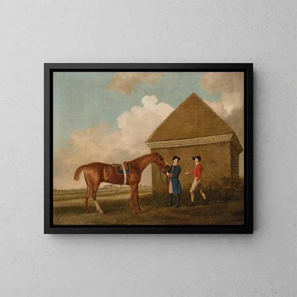 Eclipse en Newmarket con un mozo de cuadra y un jockey - George Stubbs — cuadro enmarcado en la pared
