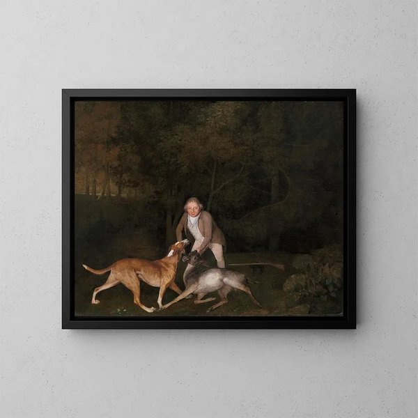 El guardabosques del conde de Clarendon con un ciervo moribundo y un perro - George Stubbs — cuadro enmarcado en la pared