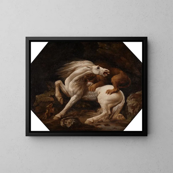 Caballo atacado por un león - George Stubbs — cuadro enmarcado en la pared