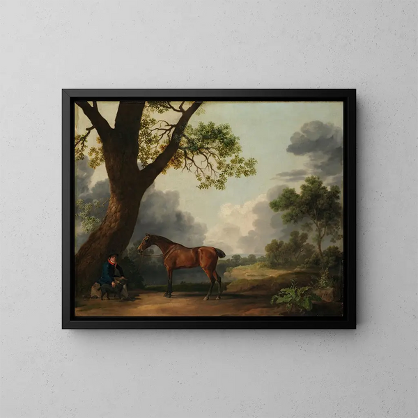 El tercer duque de Dorset, cazador con un cochero y un perro - George Stubbs — cuadro enmarcado en la pared