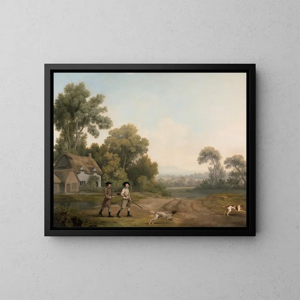 Dos caballeros yendo de caza con vista a Creswell Crags capturada en vivo - George Stubbs — cuadro enmarcado en la pared