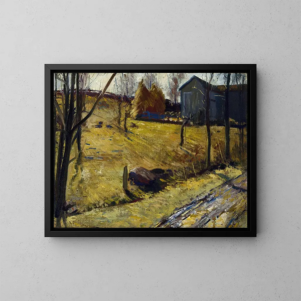 Mies de heno y granero - George Wesley Bellows — cuadro enmarcado en la pared