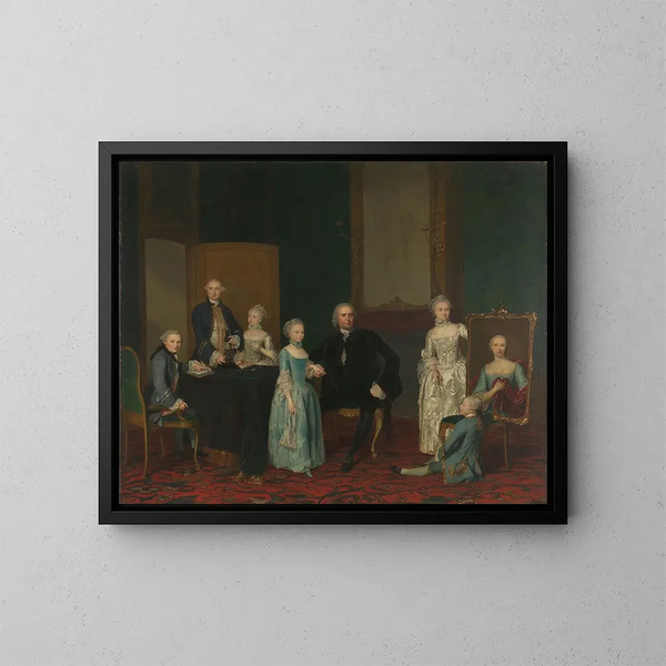 Portrait Painting of Pieter Cornelis Hasselaer, advisor of the Dutch East India Company and mayor of Amsterdam with his family - George van der Mijn — framed artwork on a wall