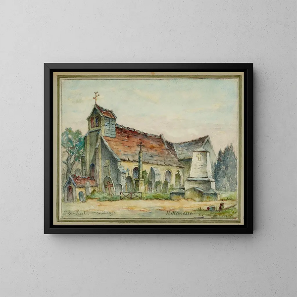 Vista de la iglesia y del cementerio de Saint-Laurent donde fueron enterrados los restos de las religiosas y solitarios de Port-Royal - Georges-Henri Manesse — cuadro enmarcado en la pared