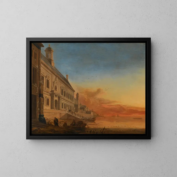 Un capricho arquitectónico costero al atardecer - Gerard Houckgeest — cuadro enmarcado en la pared