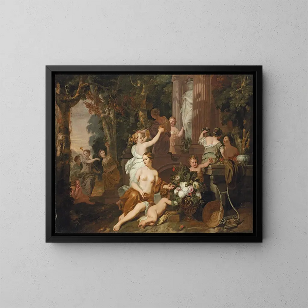 Nymphe y bacchantes rindiendo homenaje al templo de Flore - Gerard de Lairesse — cuadro enmarcado en la pared
