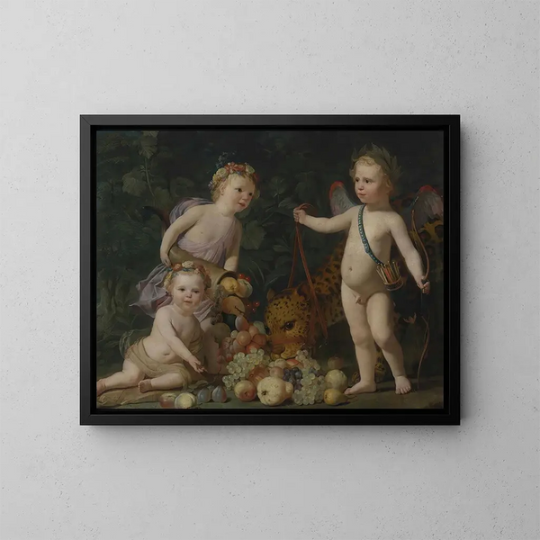Tres niños con frutas y un jaguar - Gerard van Honthorst — cuadro enmarcado en la pared