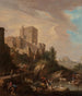 Shepherds watering their goats and cattle by the edge of a river with travelers crossing a bridge in front of a fortified town on a hill - German School — artwork view