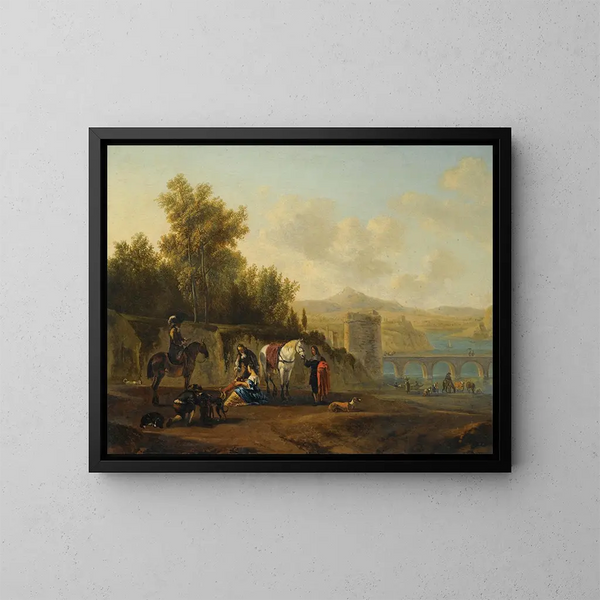 Un vasto paisaje fluvial a la italiana con viajeros descansando en un camino - Gerrit Adriaensz Berckheyde — cuadro enmarcado en la pared