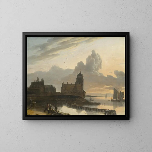 Paisaje fluvial alemán con una ciudad - Gerrit Adriaensz Berckheyde — cuadro enmarcado en la pared