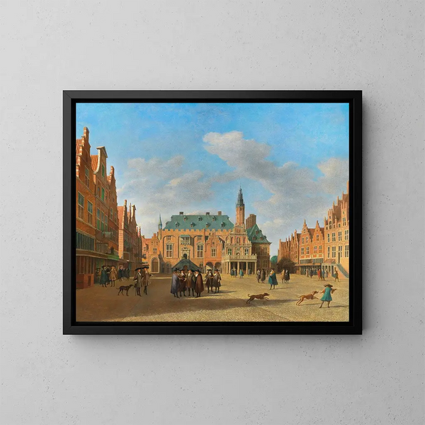 El Gran Mercado en Haarlem con el Ayuntamiento - Gerrit Adriaensz Berckheyde — cuadro enmarcado en la pared