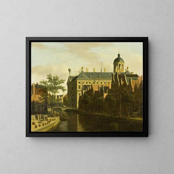 La Nieuwezijds Voorburgwal con el mercado de flores y árboles en Ámsterdam - Gerrit Adriaensz Berckheyde — cuadro enmarcado en la pared