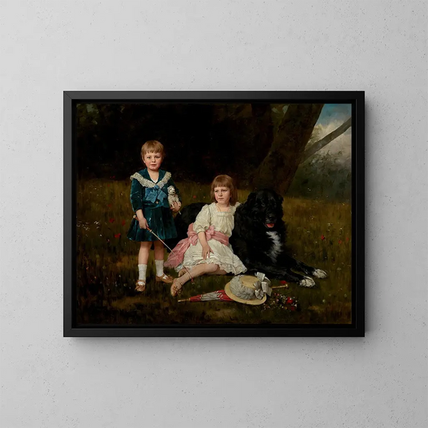 Un retrato de dos niños con su perro favorito en un paisaje florido - Géza Vastagh — cuadro enmarcado en la pared