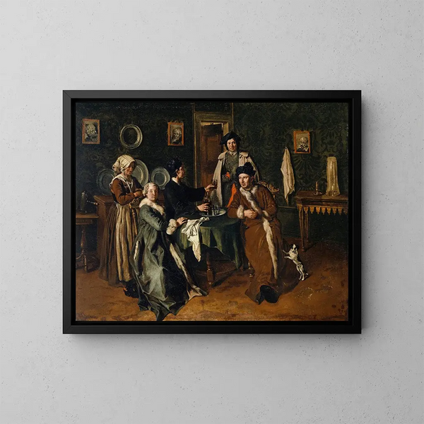 Portrait of a family gathered around a table - Giacomo Ceruti — framed artwork on a wall