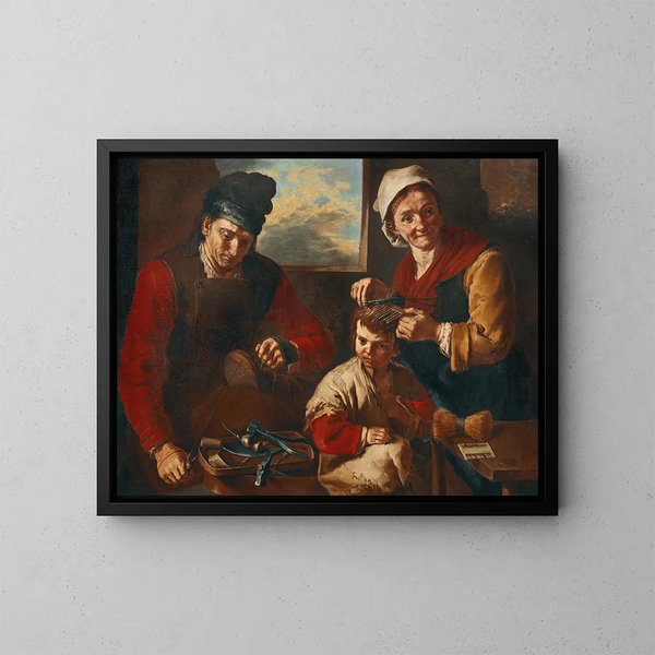 a shoemaker and a woman cutting a child's hair - Giacomo Francesco Cipper — framed artwork on a wall