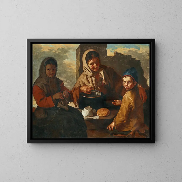 a girl knitting and a woman feeding a child - Giacomo Francesco Cipper — framed artwork on a wall