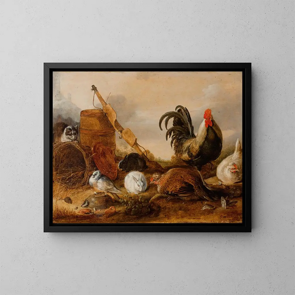 Animales en el patio - Gijsbert Gillisz de Hondecoeter — cuadro enmarcado en la pared