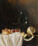 naturaleza muerta con un Roemer, cerezas con limón pelado y un pequeño pan sobre una mesa parcialmente cubierta - Gillis Gillisz de Bergh — vista de la obra