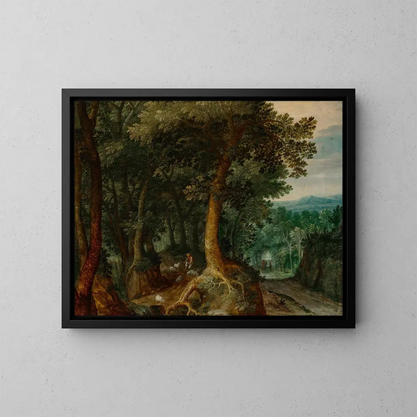 Un pastor en un paisaje boscoso - Gillis van Coninxloo — cuadro enmarcado en la pared