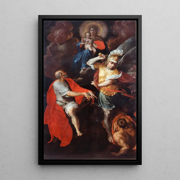 Virgen con el Niño con San Juan Evangelista y San Miguel - Giovanni Ambrogio Figino — cuadro enmarcado en la pared