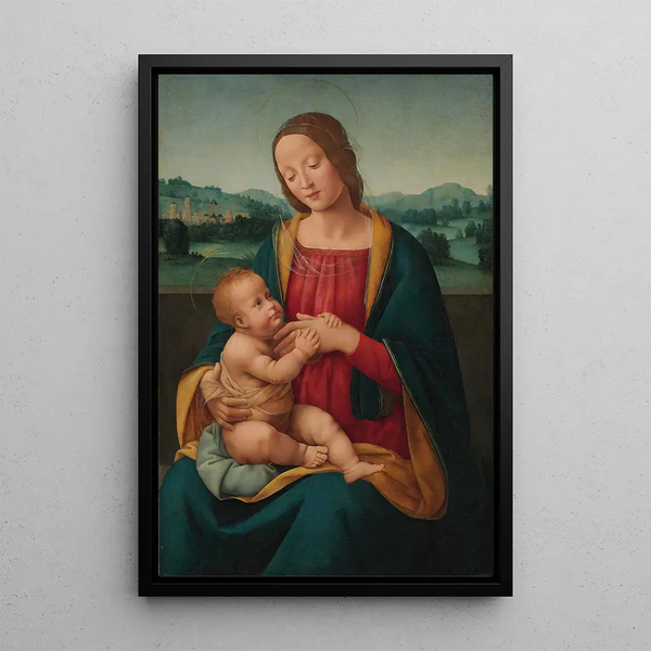 La Virgen con el Niño frente a un paisaje - Giovanni Antonio Sogliani — cuadro enmarcado en la pared