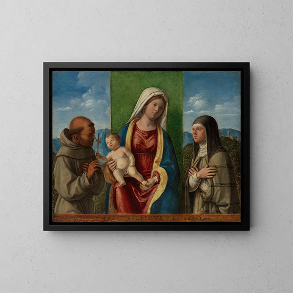 la Virgen con el Niño con los santos Francisco y Clara - Giovanni Battista Cima da Conegliano — cuadro enmarcado en la pared