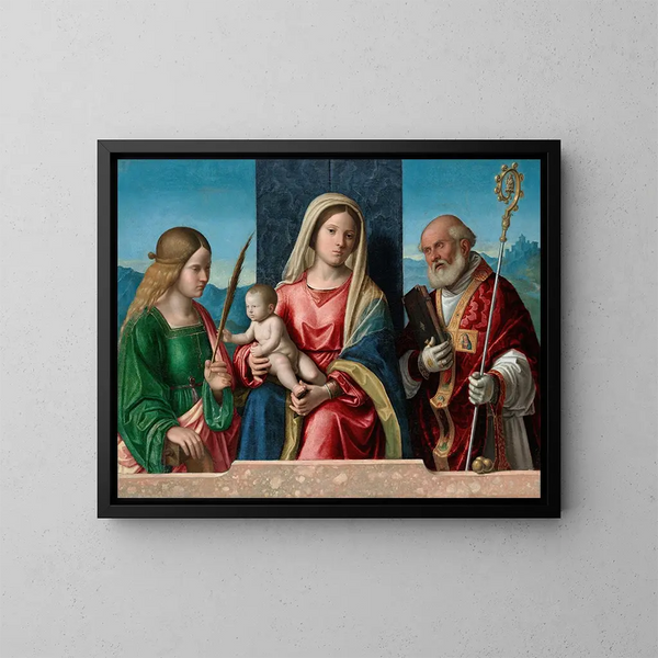 Virgen con el Niño y los santos Catalina y Nicolás - Giovanni Battista Cima da Conegliano — cuadro enmarcado en la pared