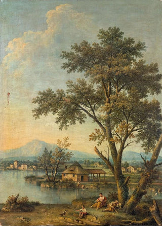 Giovanni Battista Cimaroli - A river landscape with figures resting in the foreground and a washerwoman beyond.webp