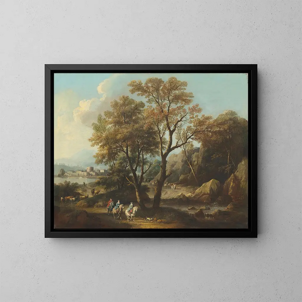 Un paisaje fluvial con viajeros en un camino - Giovanni Battista Cimaroli — cuadro enmarcado en la pared