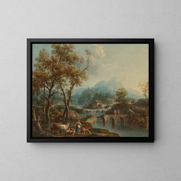 Un paisaje lacustre a la italiana con viajeros cruzando un puente y una ciudad junto al lago a lo lejos - Giovanni Battista Cimaroli — cuadro enmarcado en la pared