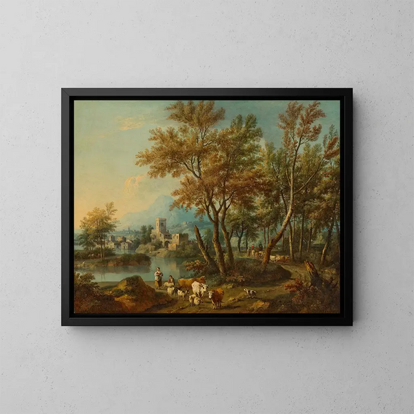 Un paisaje a la italiana con vista al lago de Garda, un pastor y una pastora dando de beber a su rebaño en un río - Giovanni Battista Cimaroli — cuadro enmarcado en la pared