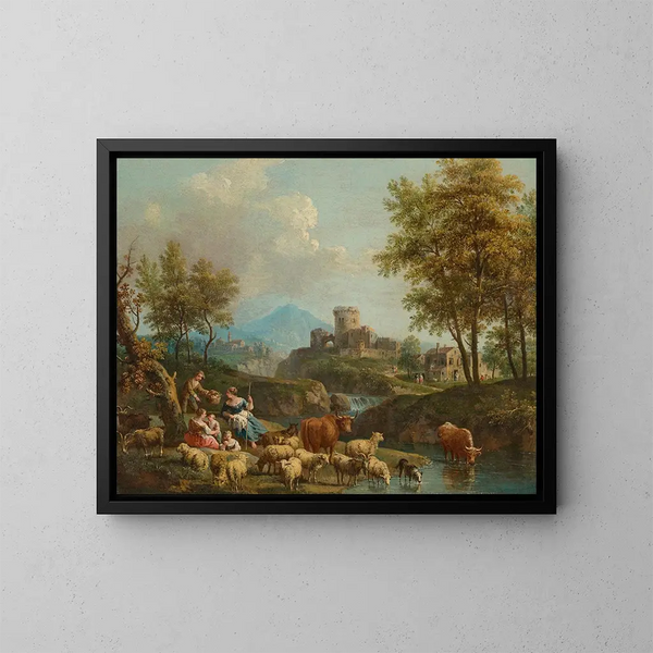 Un paisaje fluvial a la italiana con conductores y ganado en un camino, un pueblo al fondo - Giovanni Battista Cimaroli — cuadro enmarcado en la pared