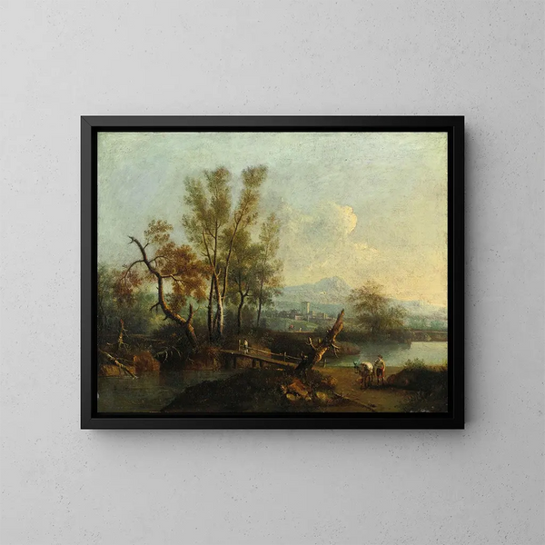 Paisaje fluvial con figuras - Giovanni Battista Cimaroli — cuadro enmarcado en la pared