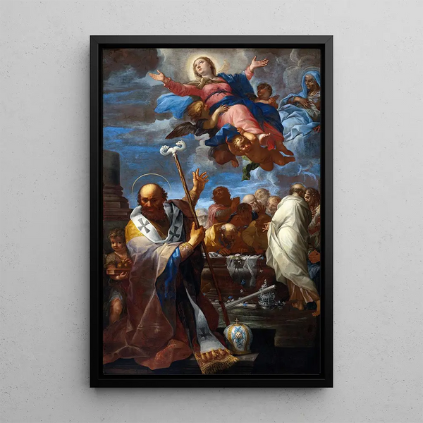 L'Assumption of the Virgin with Saints Anne and Nicholas of Myra - Giovanni Battista Lenardi — framed artwork on a wall