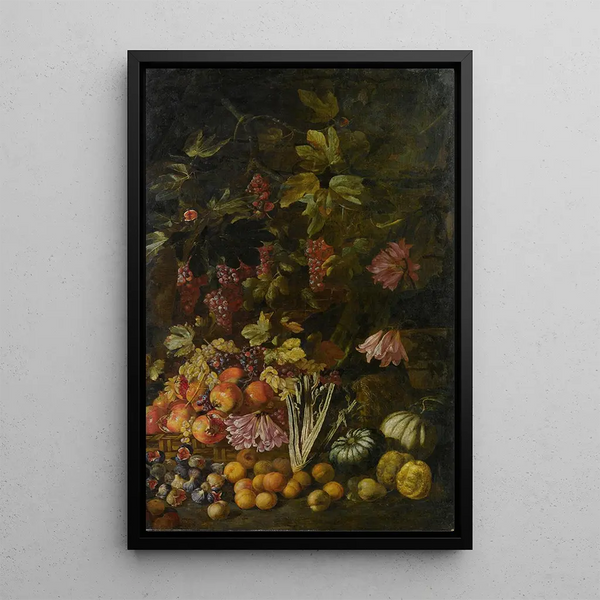 a Still Life of Flowers and Fruits - Giovanni Battista Ruoppolo — framed artwork on a wall