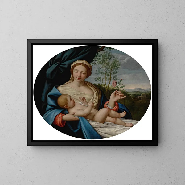 Virgen con el Niño y la rosa - Giovanni Battista Salvi da Sassoferrato — cuadro enmarcado en la pared