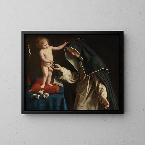 Santa Catalina de Siena recibiendo la corona de espinas del Niño Jesús - Giovanni Battista Salvi da Sassoferrato — cuadro enmarcado en la pared
