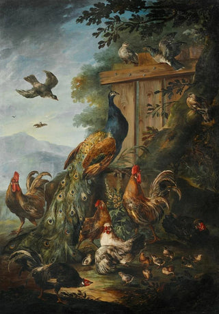 Giovanni Crivelli - A peacock cocks hens and other birds with a landscape beyond.webp