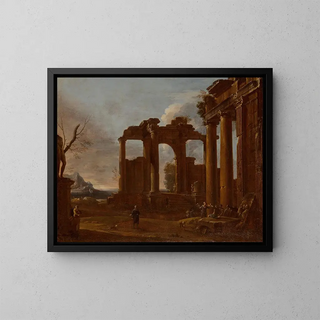 Dos templos clásicos en ruinas con bajorrelief de estatua y figuras - Giovanni Ghisolfi — cuadro enmarcado en la pared