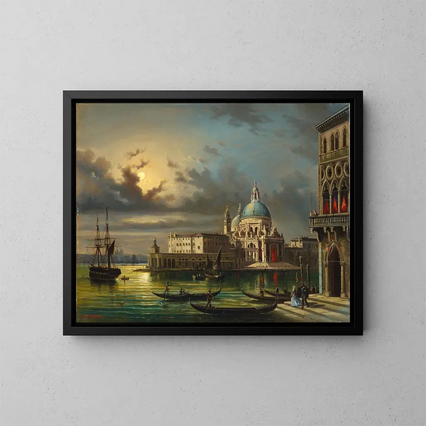 La Punta della Dogana y Santa Maria della Salute en Venecia a la luz de la luna - Giovanni Grubacs — cuadro enmarcado en la pared