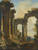 a classical ruins caprice with three men conversing on the steps of a temple - Giovanni Niccolò Servandoni — artwork view