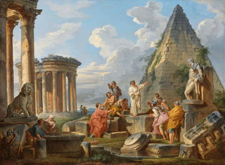 Un capricho con san Pablo predicando a los Romanos con el templo de Vesta y la pirámide de Cayo Cestius - Giovanni Paolo Panini — vista de la obra