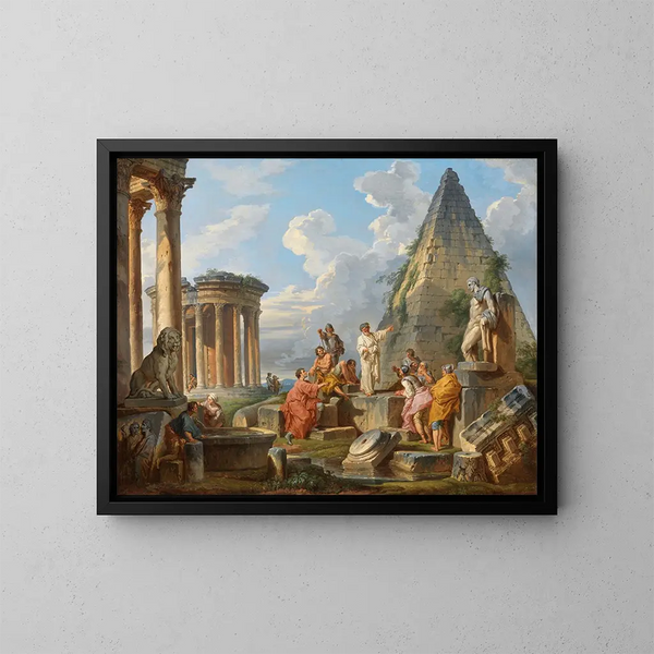 a Caprice with Saint Paul preaching to the Romans with the Temple of Vesta and the Pyramid of Caius Cestius - Giovanni Paolo Panini — framed artwork on a wall